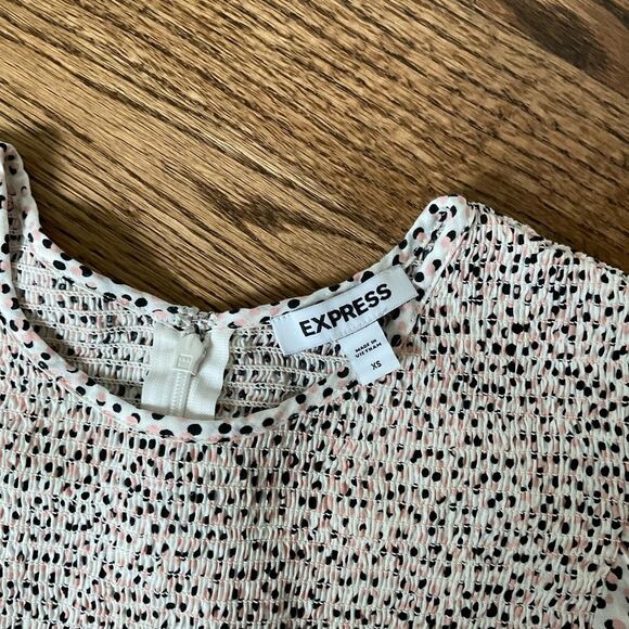 Express Polka Dot Smocked Peplum Top Pink, White, and Black - Picture 3 of 4